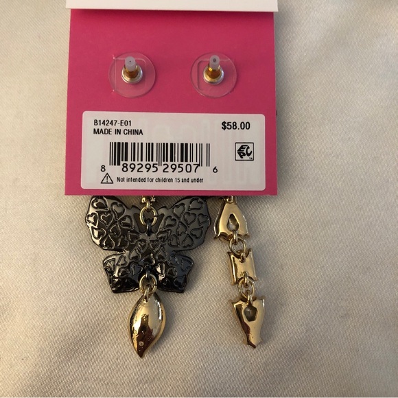 Betsey Johnson Hematite & Gold Tone Mismatch Crystal Butterfly Drop Earrings NWT - Picture 15 of 16